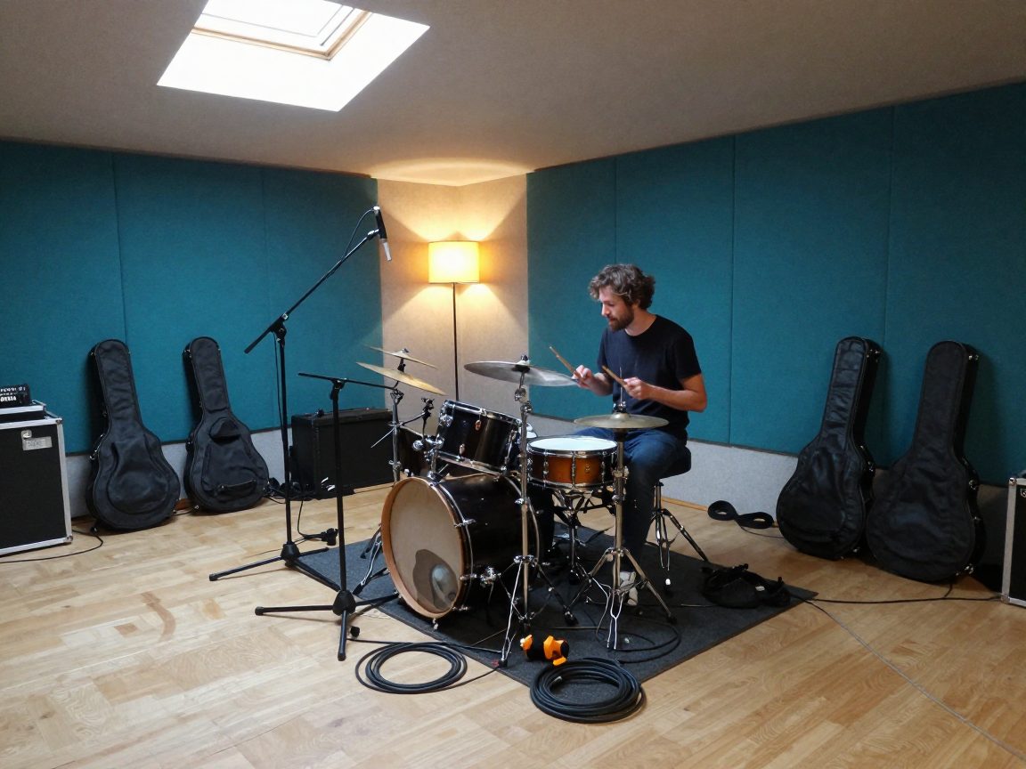 Band setting instruments and microphones in live room