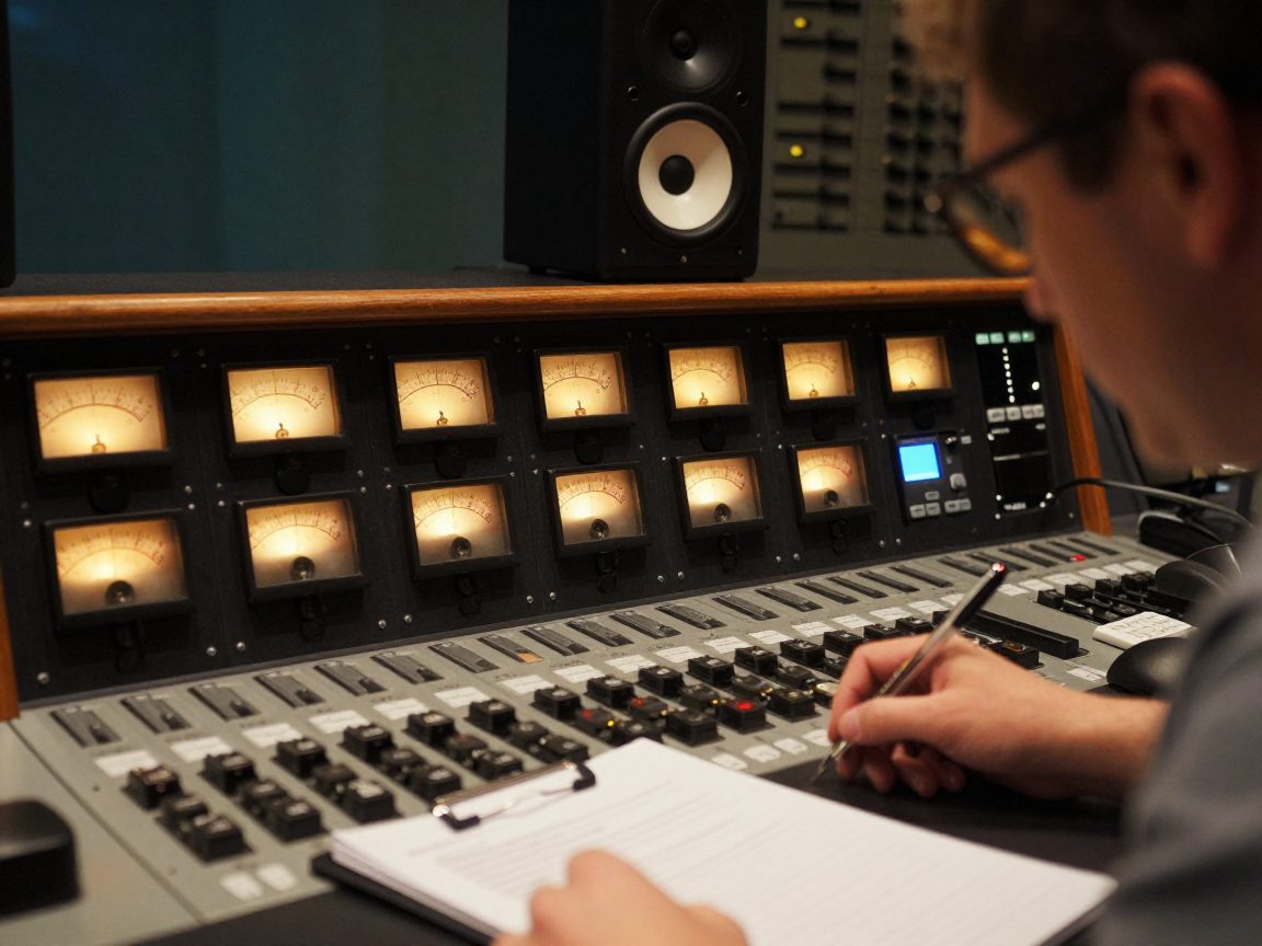 Engineer watching level meters during mastering session
