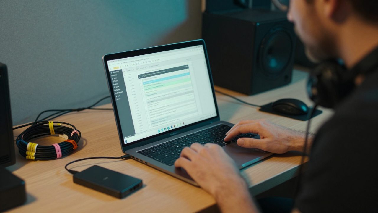 Producer exporting stems from laptop with SSD on desk