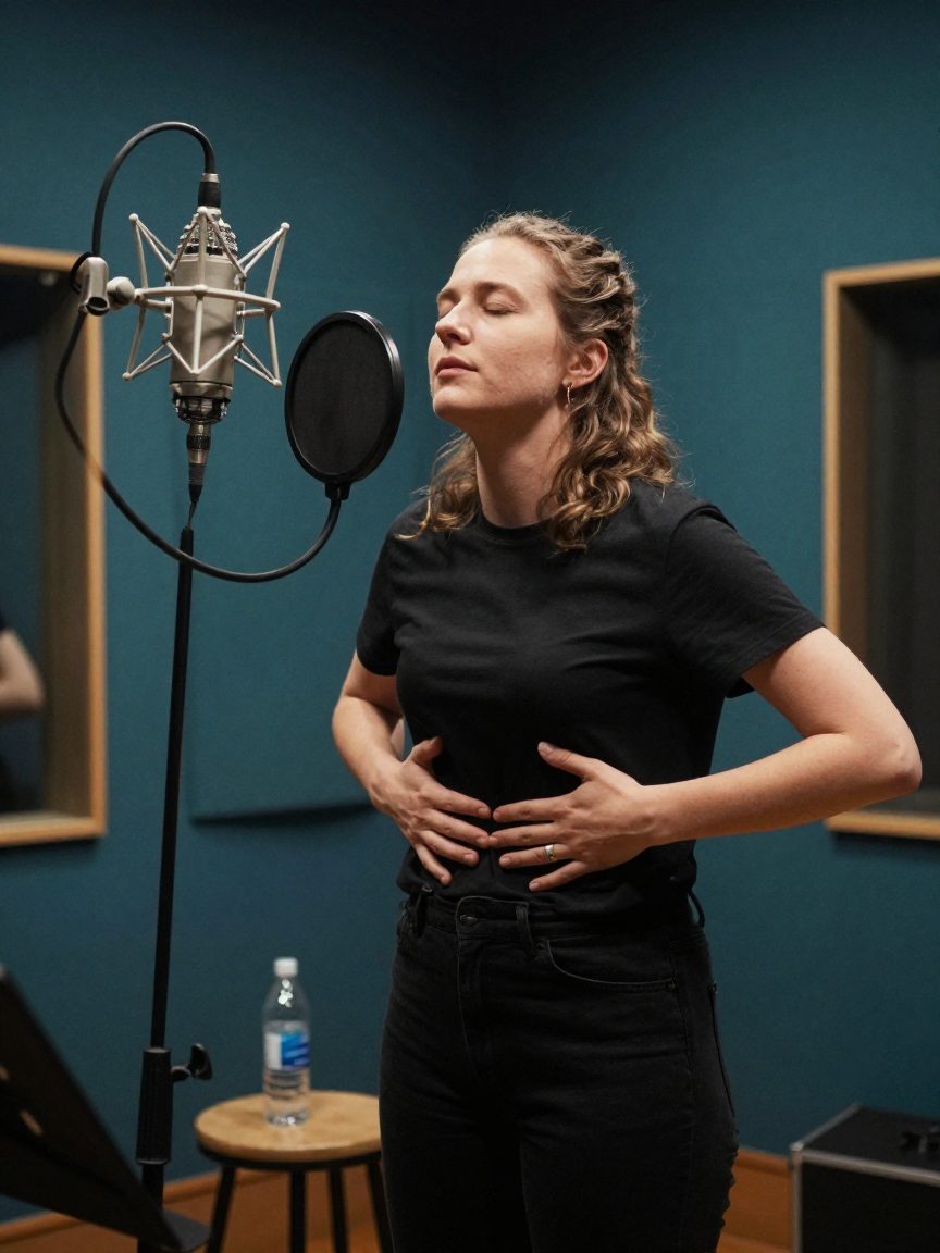 Vocalist warming up in booth before recording