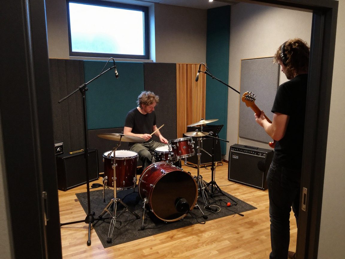 Band met drummer en gitarist in live room tijdens opname