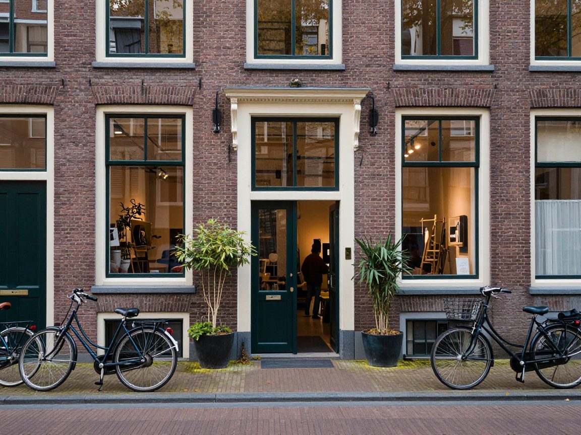 Amsterdamse gevel met fietsen en studio-ingang zonder bord