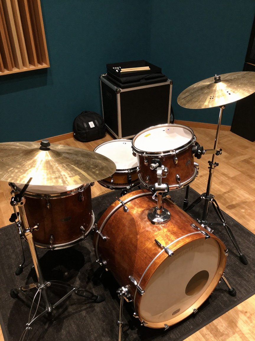 Drum kit with overhead mics ready in live room