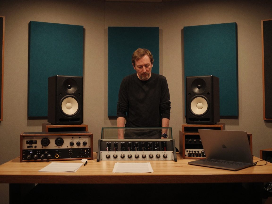 Mastering engineer tussen grote speakers in dim licht