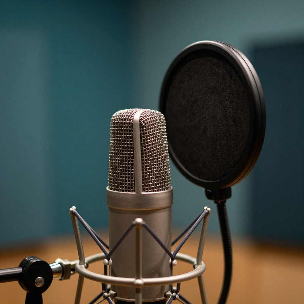 Close-up van studiomicrofoon met popfilter en panelen