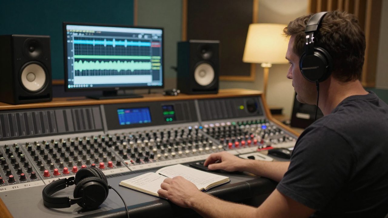 Mix engineer achter mengtafel met monitors in regie