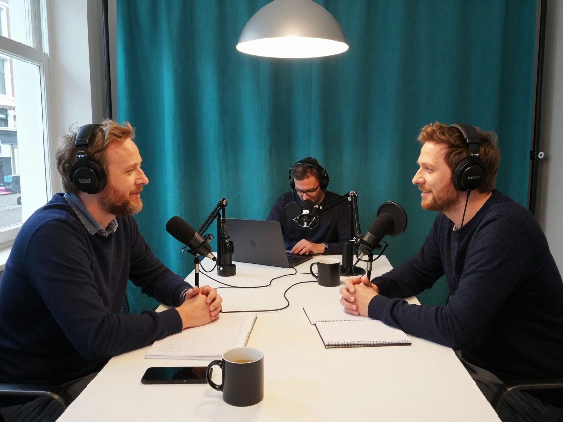Twee podcastmakers met microfoons aan tafel in studio