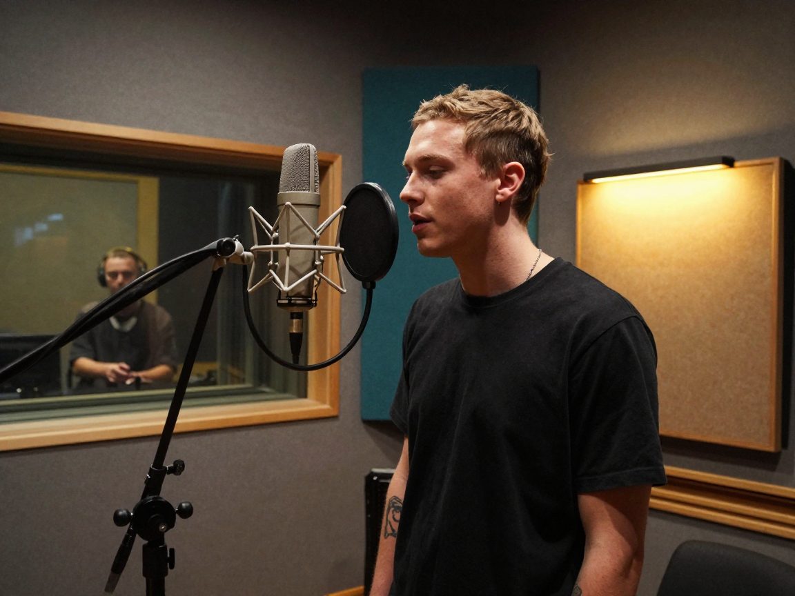Rapper in vocal booth met microfoon en engineer achter glas